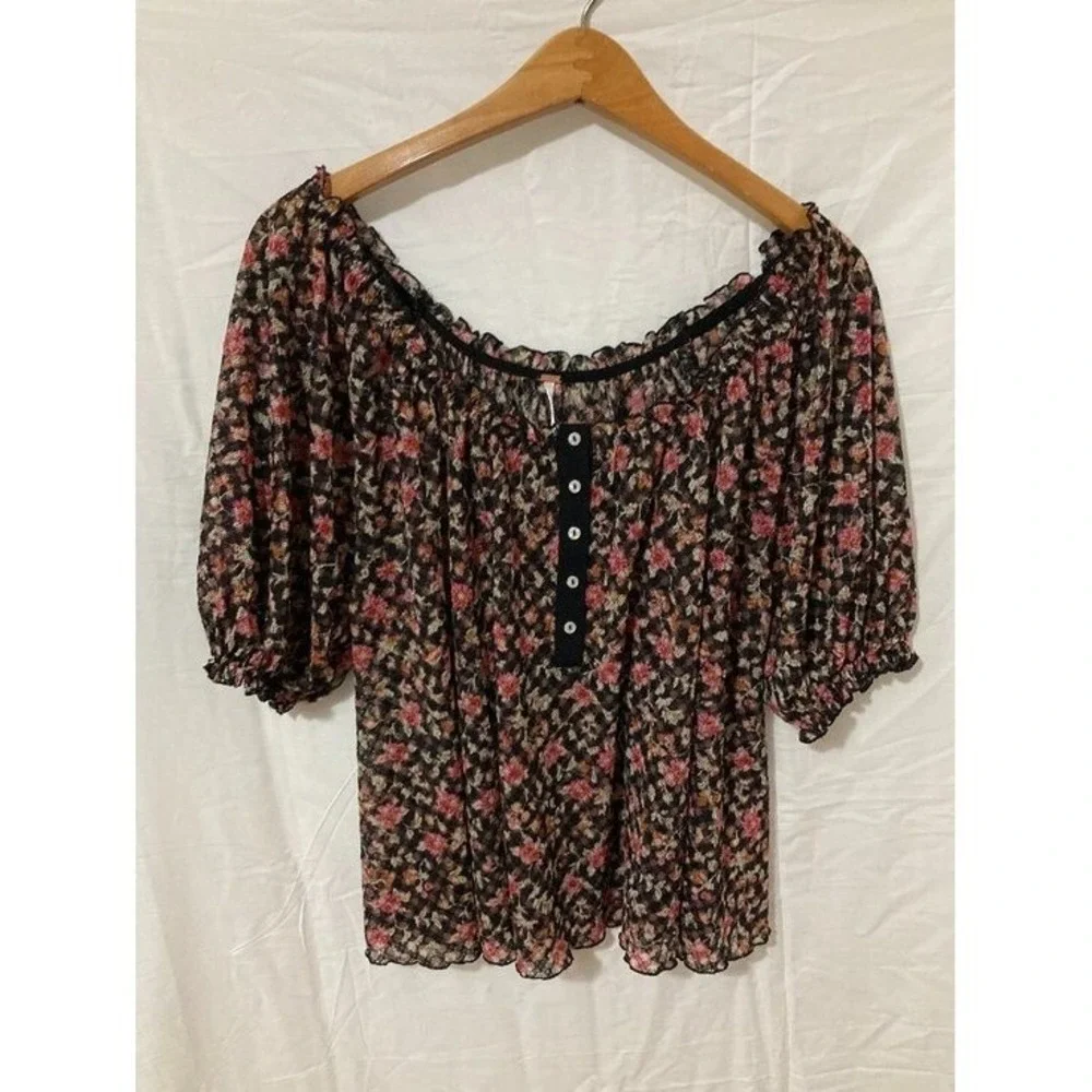 Free People Floral Mesh Blouse Womens Size Medium Black Pink Boho Core 90s Magic